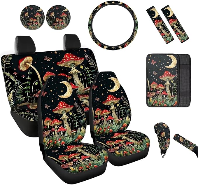 BIGCARJOB Mushroom Car Seat Covers Full Set 12 Pcs Womens Interior Accessories Mushroom Print Steering Wheel Covers,Armrest Seat Box Cover Cushion,Cup Mats,Universal Fit