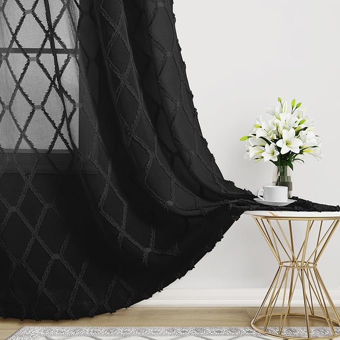 Black Sheer Curtains 90 Inches Long for Living Room 2 Panels Set Rod Pocket Back Tab Semi Sheer Light Filtering Privacy Curtain Modern Farmhouse Embroiderd Textured Rustic Drapes for Bedroom 52x90