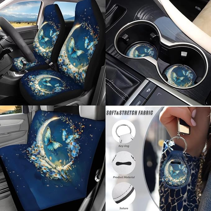 Butterfly Car Accessories Set 17 Pack Stars Moon Butterfly Car Seat Covers Full Set with Car Mats Full Set,Cup Coaster,Center Console Cover,Seat Belt Shoulder Pad,Lip Balm Keychain Holder