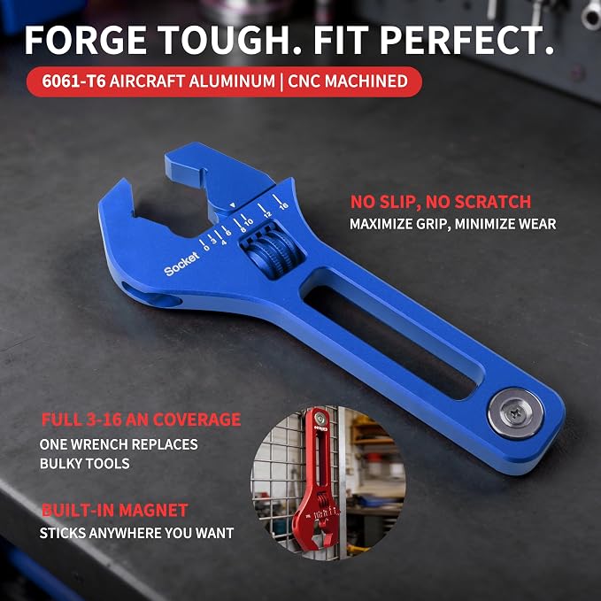 The Complete AN Fitting Kit: AN Fittings Installation Tool + Blue AN Wrench, Covers -3 to -16AN Sizes, No Damaged Fittings, Perfect for Fuel & Oil Lines