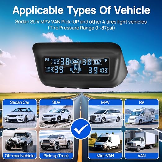 Masoll Tire Pressure Monitoring System, RV/Trailer TPMS with Solar Charging & Auto Calibration, M13 LCD Display tpms 4 sensors (0-87PSI)