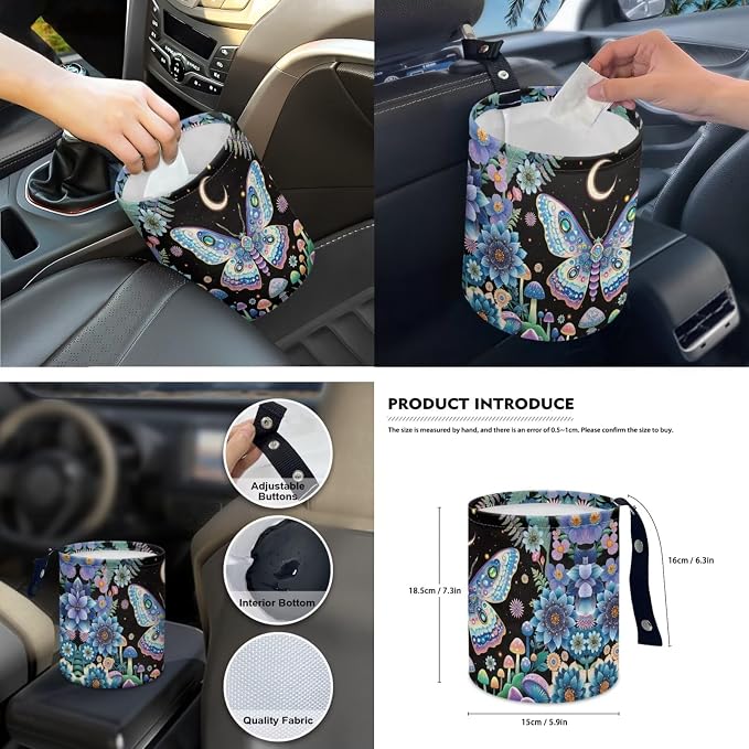 Moon Mushroom Butterfly Car Seat Covers Set of 15 with Universal Steering Wheel Cover, Rearview Mirror Cover, Car Trash Can, Seatbelt Pads, Cup Holder Coasters, Keychains