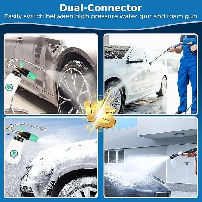 Pressure Washer Gun with Foam Cannon Car Wash Kit, Dual Channels-Foam/Water in 1s,1/4 Inch Quick Dual Connector Accessory for Car Wash Foam Gun & Pressure Washer Gun,with 5-Nozzle 3/8″ Swivel QC