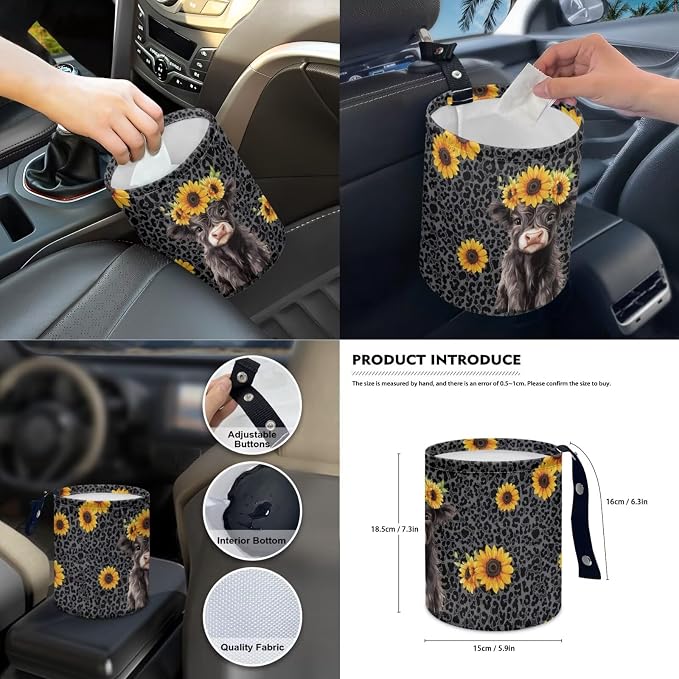 Highland Cattle Print 14Pcs Car Interior Cover Set Sunflower Leopard Print Car Front Rear Seat Covers Steering Wheel Cover Center Console Pad Safety Belt Pads for Men Women