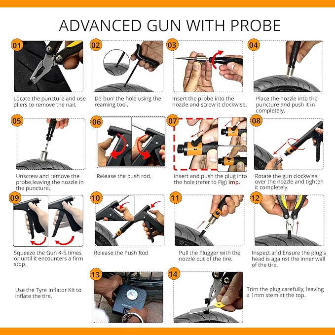 GRAND PITSTOP Tubeless Tire Gun Puncture Repair Kit with Mushroom Plug for Tyre Punctures and Flats on Cars, Motorcycles, ATV, Trucks & Tractors (Gun Puncture Kit with Hole 15 Plugs, Black)