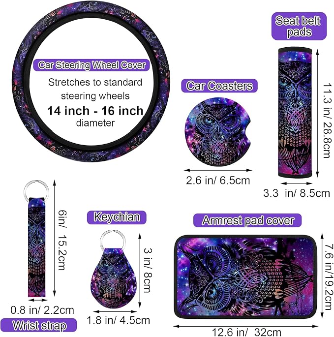 Riakrum 15 Pcs Purple Colorful Owl Car Seat Covers Full Set Space Cats Car Covers for Front Rear Seat Steering Wheel Wrist Strap Armrest Pad Shoulder Pads