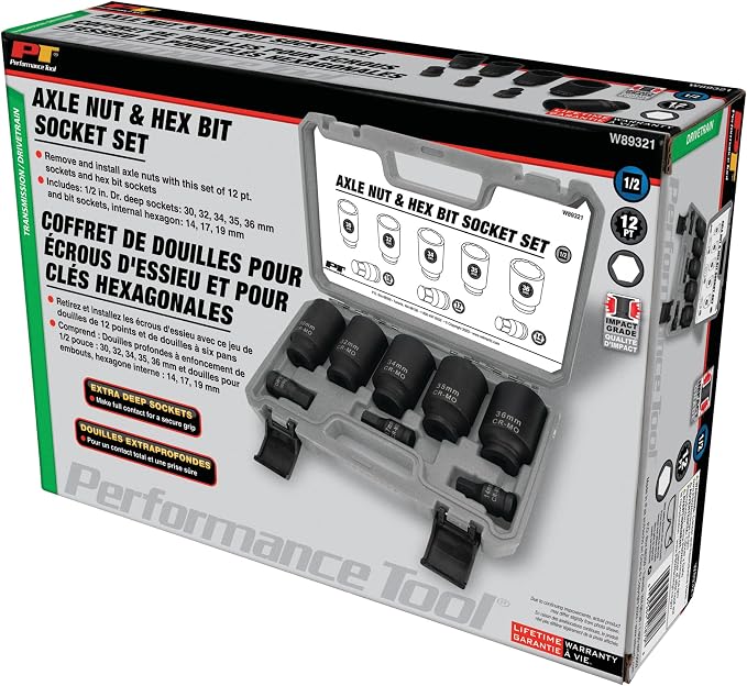 Performance Tool W89321 Axle Nut and Hex Bit Socket Set (8 Pieces) - Chrome Molybdenum Steel Construction, Extra-Deep Sockets for Secure Grip, Corrosion Protection, Fitted Storage Case - 1/2 in. Drive