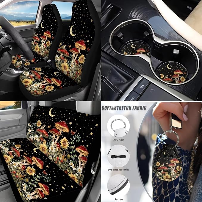 Mushrooms Car Seat Covers Full Set 17 Pack for Women Star Moon Mushrooms Car Accessories Set with Car Mats Full Set Steering Wheel Auto Covers Seat Belt Cover Pad Lip Balm Keychain Holder