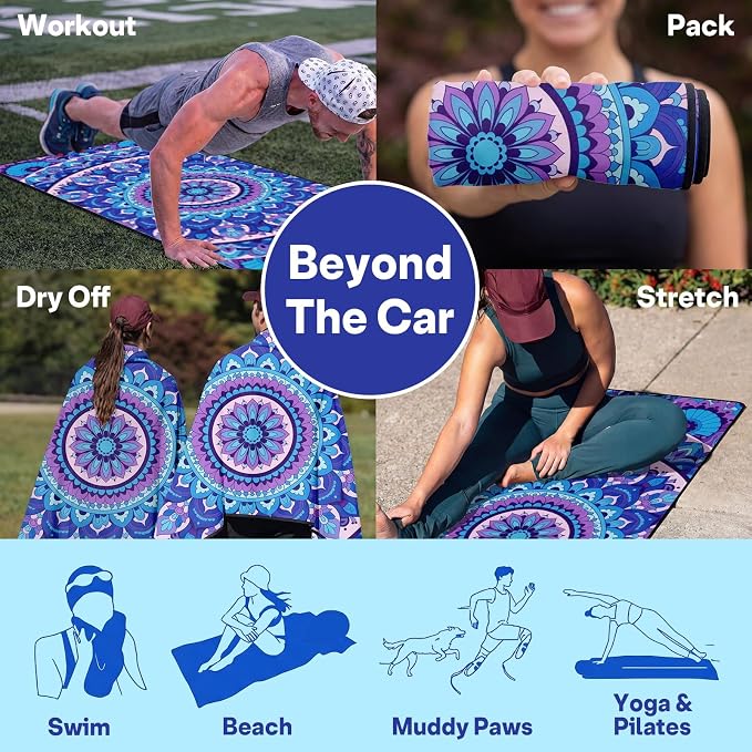 2 Pack Car Seat Towel Covers, Sweat Protector for Front Seats, Premium Thickened Microfiber, Mandala, Non-Slip Elastic Strap, Breathable Quick Dry, Machine Washable Cover for Gym Running Universal Fit