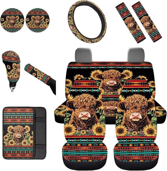 Dreaweet Car Seat Covers Full Set with Steering Wheel Cover/Armrest Cover/Seatbelt Covers/Cup Coasters/Gear Shift Cover/Handbrake Cover,12 Pcs Aztec Highland Cow Sunflower Car Accessories Deocr