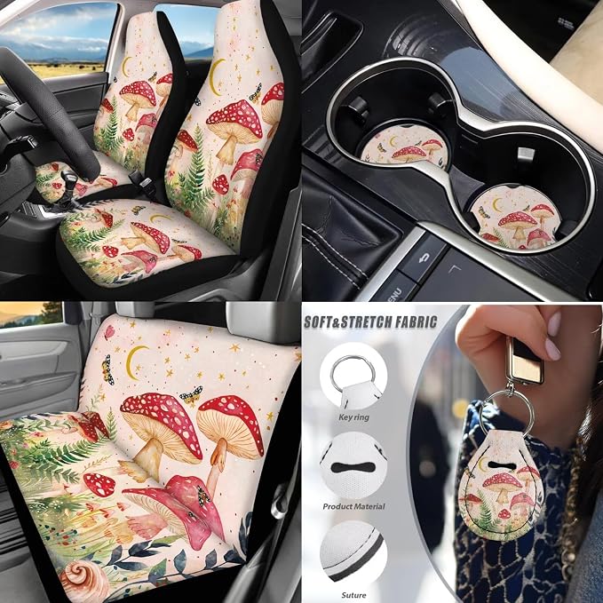 17Pcs Mushroom Car Accessories Full Set for Women Man,Starry Sky Mushroom Car Seat Covers Set for Front and Rear,Steering Wheel Cover Seat Belt Protector Set Car Floor Mats,Easy to Install