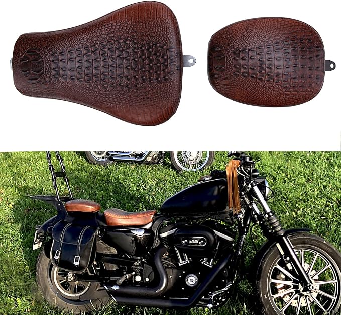 Motorcycle Brown Crocodile Front Driver Solo Seat+Rear Passenger Pillion Pad Compatible with Sportster 48 72 Iron 883 XL883 Forty Eight XL1200 Seventy Two 1200