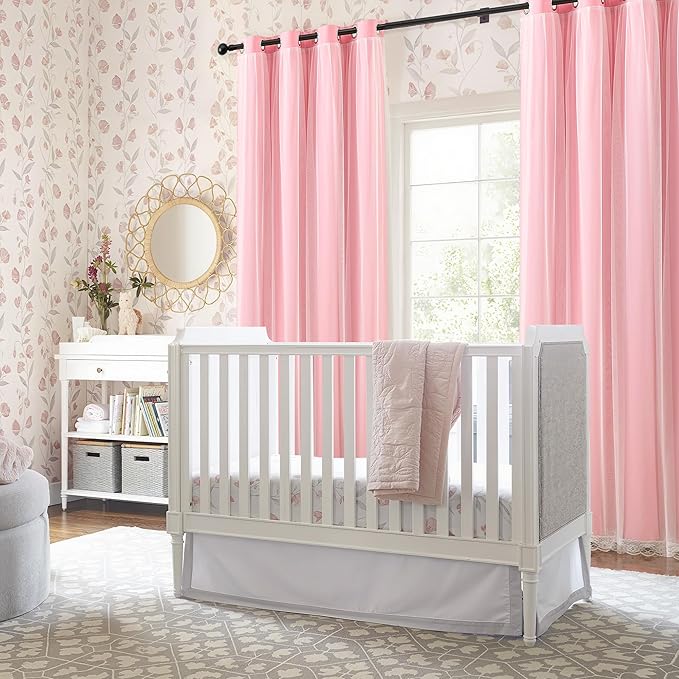 XiDi Pink Blackout Curtains with Sheer Overlay for Girls Kids Bedroom 96 Inches Long Princess Nursery Pink Lace Double Layer Curtains Thermal Insulated Room Darkening Grommet Drapes 2 Panels W34xL96