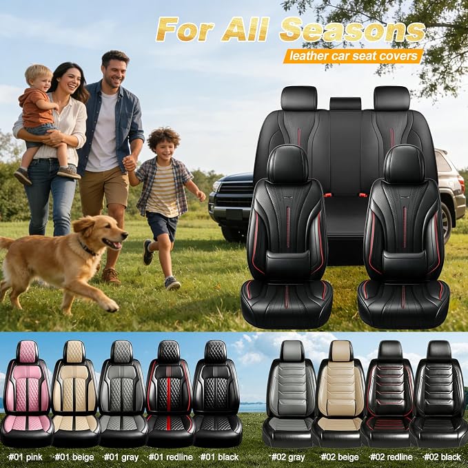 Fit XTS Car Seat Covers (Front Pair) for Cadillac XTS 2013-2019 - Premium Full Coverage Leather, Airbag Compatible & Scratch-Resistant, Waterproof, All Weather Seat Protector, Black+Redline