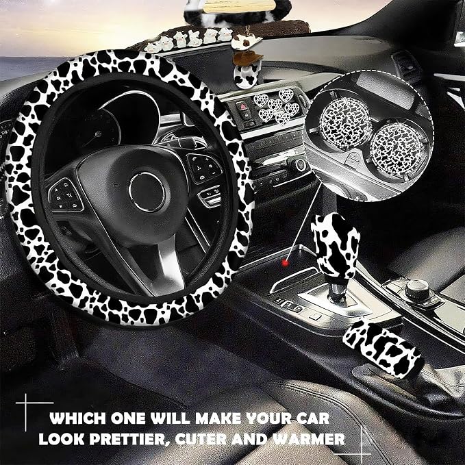 29 PCS Cow Pattern Car Accessories,Including Dashboard Decoration,Rearview Mirror Decoration,Etc,Suitable for Sedans,SUVS and Other Models,Cute Car Interior Sets Suitable for Women (Black)