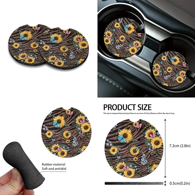 Sunflower Butterfly Stripe Print 10 Pcs Car Accessories, Car Front and Rear Seat Covers Full Set Steering Wheel Cover Air Vent Pounch Box Car Rubbish Bin Cup Coasters Keychain for Women Men