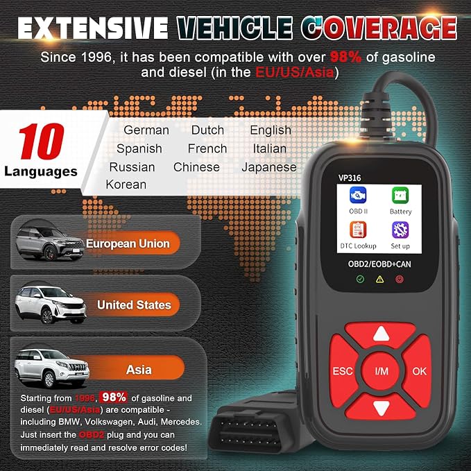 OBD2 Diagnostic Tool for All Vehicles from 1996 Onwards, Read & Solve Error Codes + Live Data Directly on the Display, Compatible with BMW, VW, Audi, Mercedes, CE Certified & Plug & Play