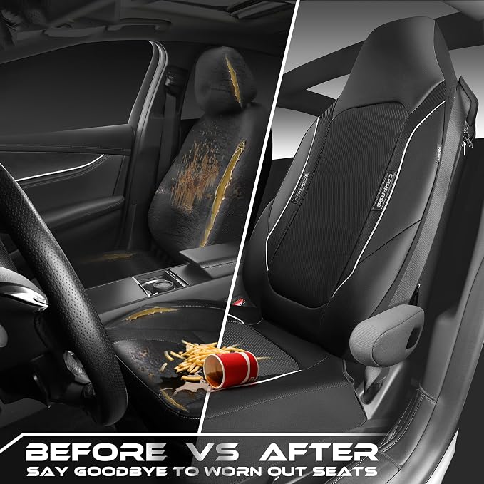 CAR PASS Sporty High Back 3D Oxford Waterproof Car Seat Cover Two Front, Bucket Carbon Fiber Leather Seat Cover, Built-in Seat Belt Armrest Compatible Fit for Sports Car SUV Sedan Truck All Black