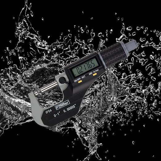 Fowler 54-860-001-1, Digital Coolant Resistant Micrometer with 0-1"/25mm Measuring Range, Flat Anvil & Spindle, Black/Gray