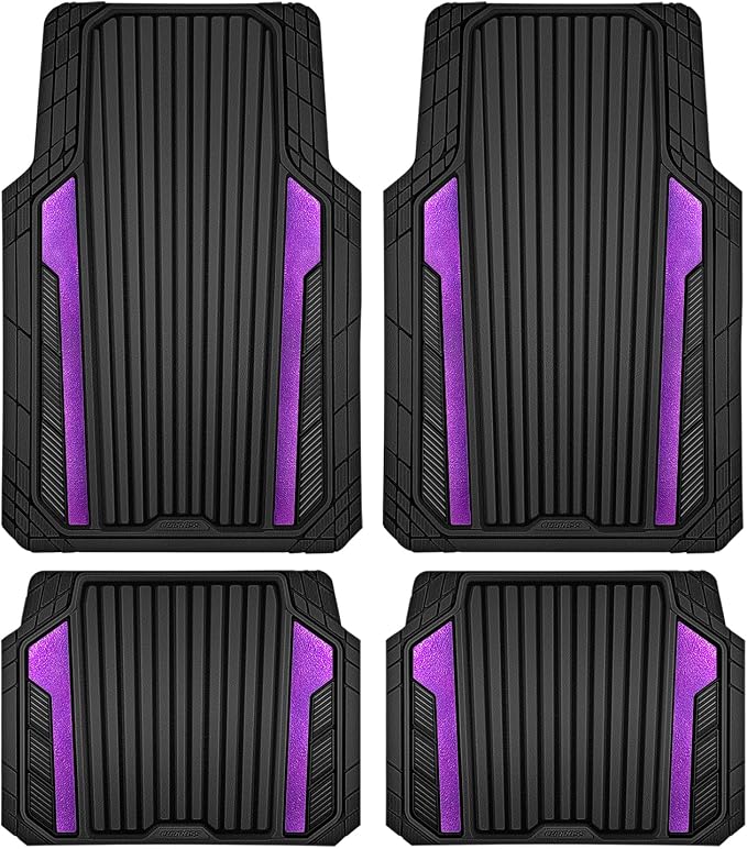 CAR PASS Heavy Duty Rubber Car Mats Metallic,Aluminum Film All Weather Floor Mats Waterproof Universal Trim to Fit SUVs Sedans Vans 4 Piece Anodized Deep Dish Two-Tone Sporty Black Purple Chrome