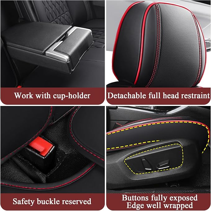 Aierxuan Waterproof Leather Car Seat Covers 360°Full Coverage, Universal Fit Toyota Honda Ford Hyundai Elantra Civic Corolla Nissan Murano, Full Set, Black-Red
