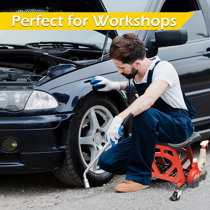 MaxWorks 50957 Ergonomic Seat Mechanic Stool Chair 22.9" L x 13.9" W x 17" H, with 4pcs 2.5" Swivel Casters, with Tool Tray for Workshop, Garage, Auto Repair - 300 Lbs Capacity