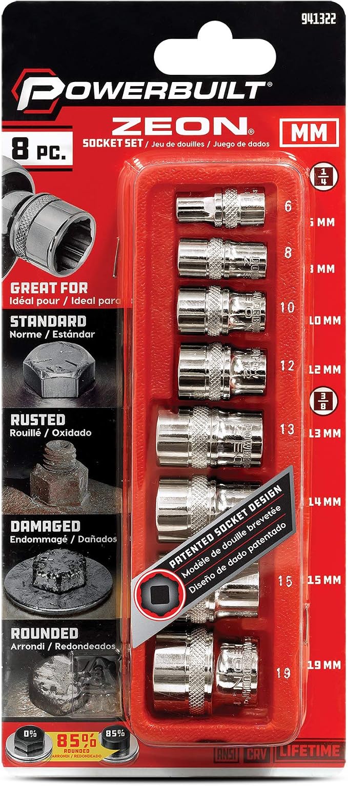 Powerbuilt 941322 8 Piece Metric Zeon Socket Set - with use for Standard, Rusted, Rounded Bolts and Nuts, Size from 6mm to 19mm , Silver
