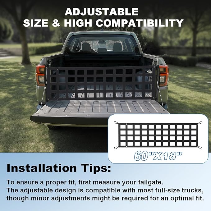 Heavy Duty Tailgate Net for Truck Bed, 60X18',Tailgate Net for Pickup Truck Bed with 4 Adjustable Buckle Straps,Easy-to-use Tailgate Cargo Netting,Fit for Full Size Pickup(Black)