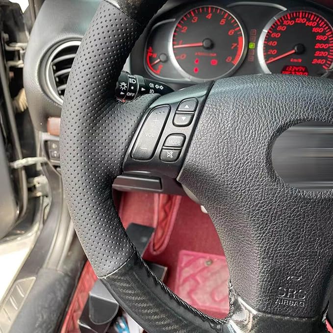 Hand-Stitched Gloss Carbon Fiber Steering Wheel Wrap for Mazda 3 Axela 2004-2009 / Mazda 5 2004-2010 / Mazda 6 Atenza 2003-2008 / Mazda RX-8 2004-2008 Interior Steering Wheel Protection Skin Cover