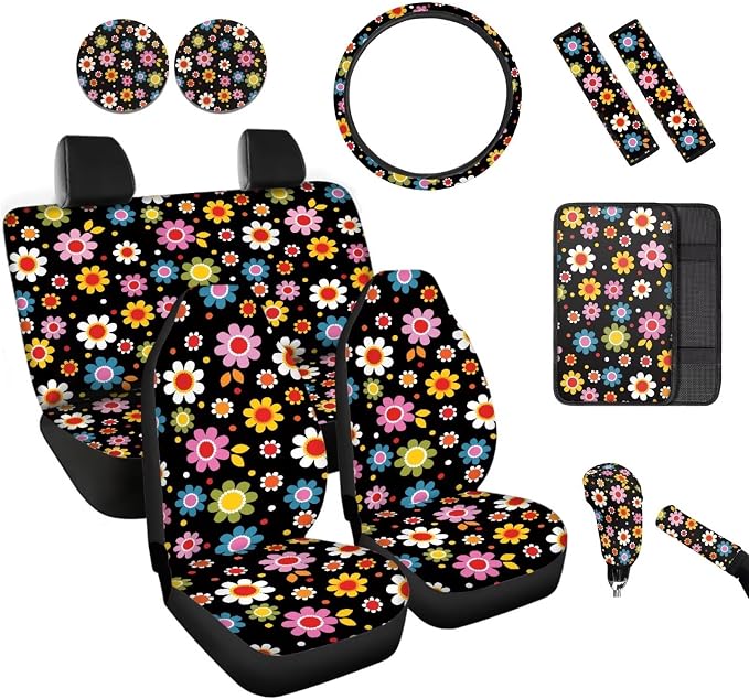 BIGCARJOB Stylish Daisy Print Car Interior Accessories Full Set 12 Pcs Auto Seat Cover for Front Rear Vintage Daisy Print Seat Belt Cover,Armrest Seat Box Cover Cushion,Cup Mats