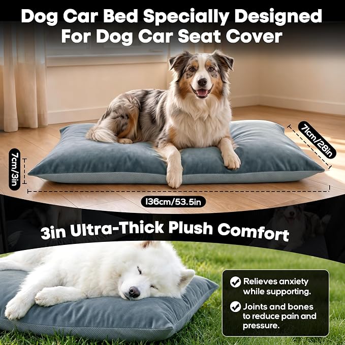 Loiion Dog Car Bed with Removable Washable Cover, 53.5x28in | Non Slip Travel Dog Bed, Waterproof Dog Bed Car Seat Fits SUVs Sedans Trucks, Machine Washable Cover With Zipper, 3in