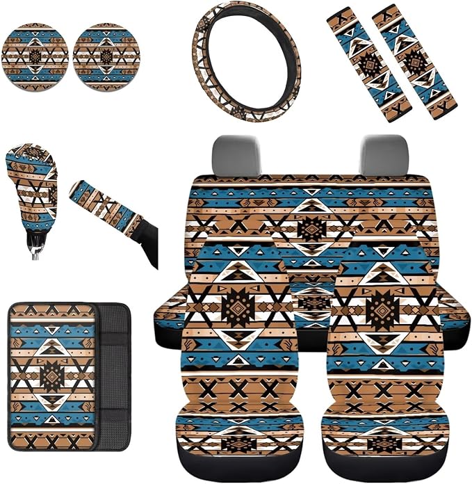 Dreaweet Aztec Seat Covers for Cars Full Set Southwestern Indian Tribal Geometric Car Steering Wheel Cover/Center Console Cover/Seatbelt Covers/Car Coasters/Gear Shift Cover/Handbrake Cover,Universal