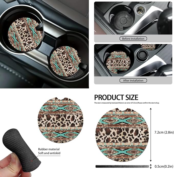 Aztec Cow Print Car Seat Covers Full Set 12 Pack Car Steering Wheel Cover Auto Seat Belt Cover Center Console Cover Cars Coasters Gear Lever Cover for Most Cars, SUVs