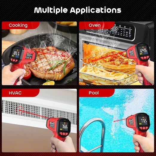 Infrared Thermometer Gun,SQECH Laser Thermometer Gun -58℉~1112℉(-50℃~600℃),Non-Contact Temperature Gun with Adjustable Emissivity&Color Backlight for Cooking, Pizza Oven,BBQ,Fridge,Engine,HVAC(Red)