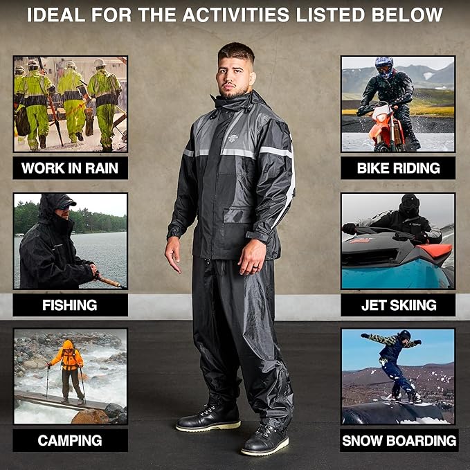 Waterproof Motorcycle Rain Suit, 2-Piece Reflective Gear, Lightweight Riding Jacket & Pants, Protective Raincoat with Hoodie