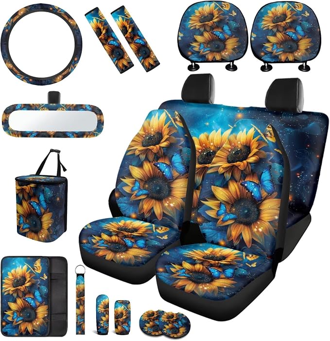Sunflower Car Seat Covers Full Sets for Women,17 Pack Butterfly Car Accessories with Headrest Covers,Steering Wheel Covers,Trash Container for Car Universal Automotive Decor,Easy to Install
