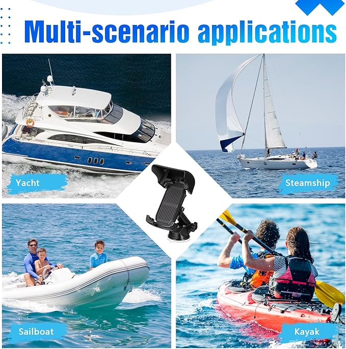 Tellegloww 1 Pack Boat Phone Holder, Marine Cell Phone Holder with Sunshade, Black 360 Degree Adjustable Suction Cup, Smartphone Accessory for Boat Rail, Car, Cycling, Pontoon and Outdoor Use