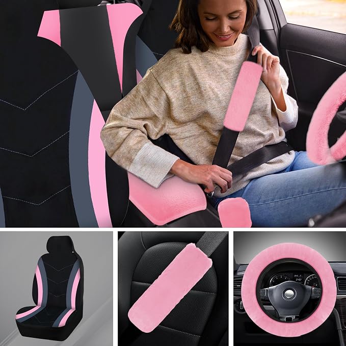 High Back Curved Car Seat Covers,Universal Car Seat Cover Full Set,Plush Steering Wheel Cover,Fit Sedans,Cars,Vans,SUV,Truck (Pink)