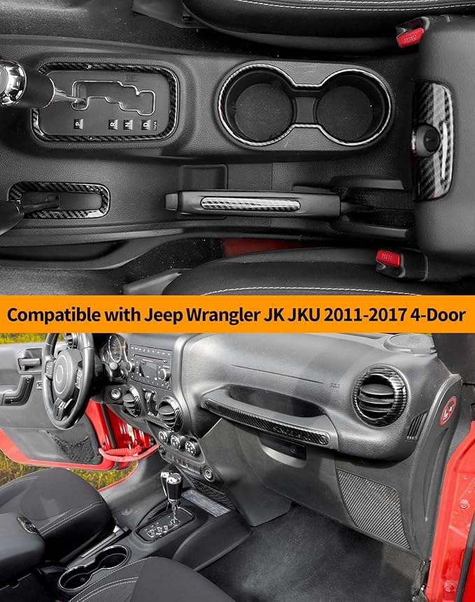 Hoolcar Steering Wheel Cover Gear Shift Panel Trim Cover Water Cup Holder Cover Kit Interior Accessories Kit Fit for Jeep Wrangler JK JKU 2011-2018, 4-Door, Carbon Fiber