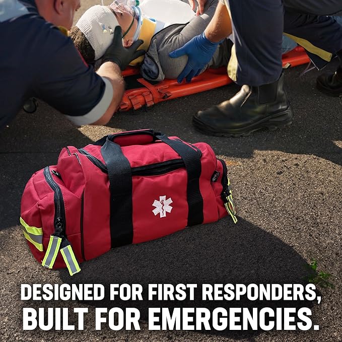 Kemp USA Maxi Trauma EMS Medical Bag Red 600D Nylon Water Resistant First Aid Kit Organizer Large Paramedic Emergency Response Bag with Reflective Trim Adjustable Strap