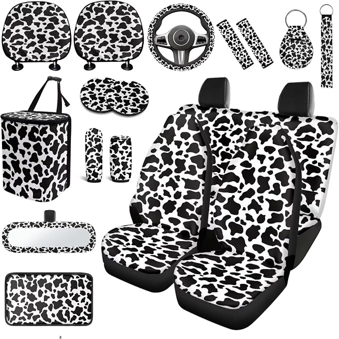 Cow Print Car Seat Covers Full Sets Universal Car Interior Accessories Sets with Cow Print Steering Wheel Car Covers Washable Car Headrest Covers Hanging Car Trash Can Belt Pads,Universal Fit
