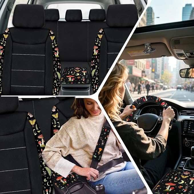 23 Pcs Leather Car Seat Cover Full Set for Women,Universal Car Seat Cover, Print Printing Car Steering Wheel Cover Center Console Armrest,Sunglass Holder Accessories Full SUV (Black Mushroom)