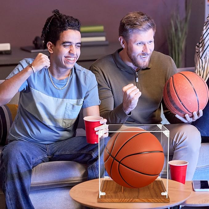 Hooqict Basketball Display Case Acrylic Clear 10" Full Size with Solid Wood Base UV Protected Basketball Holder Display Stand Case Square Box for Sports Collections Autographed Ball Memorabilia Gifts