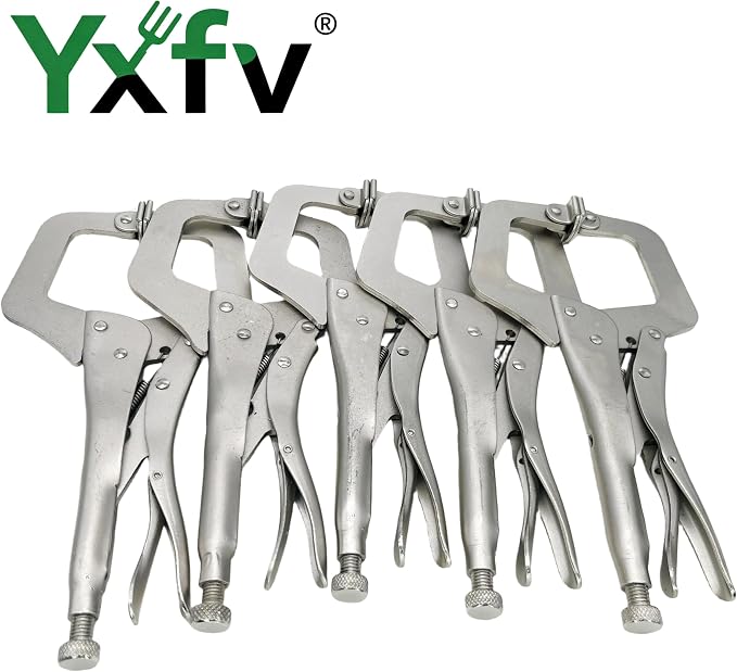 11" C Clamp Locking Pliers, 5-Pack Heavy-Duty | Universal for wood/metal/auto work, 11" regular tip, easy-release trigger, heat-treated steel, 5-pack.