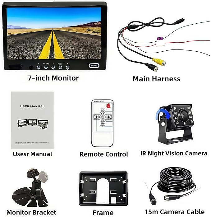 7" Heavy Duty AHD Backup Camera System with Monitor & 1080P IP69K Waterproof Camera, Night Vision, 155° View Angle for Truck/RV/Harvester/Excavator/Semi-Trailer/Heavy Equipment