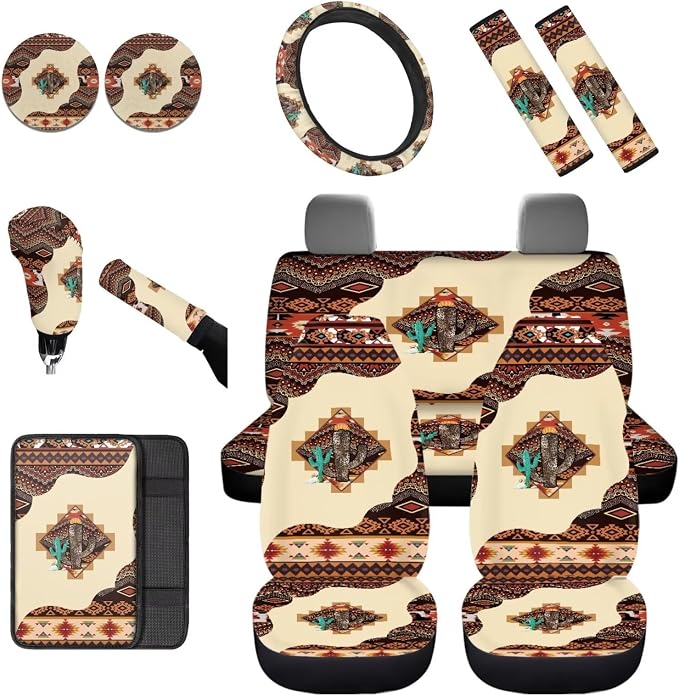 Dreaweet Aztec Car Seat Covers Full Set Southwestern Native American Steering Wheel Cover Armrest Pad Covers Seat Belt Pads Cup Holders Handbrake Cover,Universal Fit for Most Cars SUV Trucks Sedan