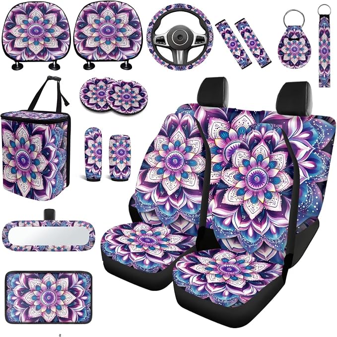 Purple Mandala lotus Car Seat Covers Full Sets 18 Pack Universal Car Interior Accessories Sets Hippie Print Steering Wheel Cover Car Seat Belt Pads Cover Car Headrest Covers Vehicle Trash Bag
