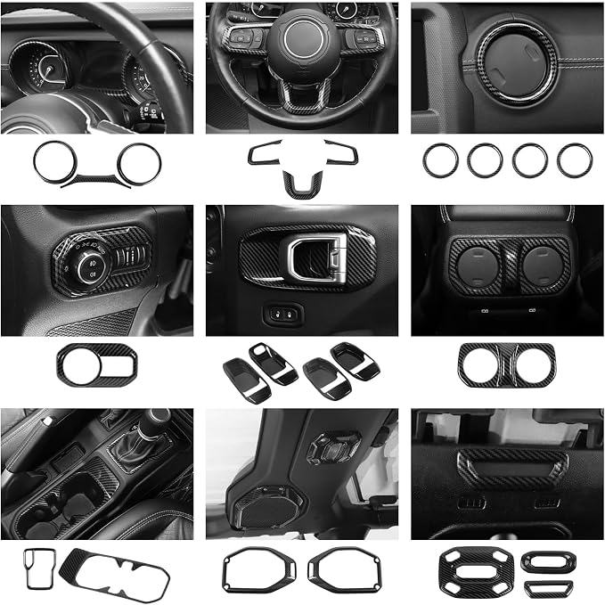 23pcs Full Set Interior Trim Kit for Jeep Wrangler JL JLU Gladiator JT 2018-2023 Steering Wheel Door Handle Air Conditioning Vent Cup Holder Reading Light Headlight Gear Cover, Carbon Fiber