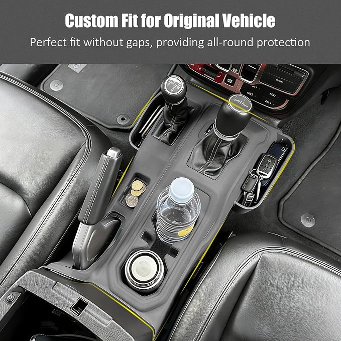 Silicone Center Console Gear Shift Panel Trim Cover for Jeep Wrangler JL/JLU/Gladiator JT 2018-2026, with Non-Slip Cup Holder Mat & Side Organizer Tray, Car Interior Storage Box Accessories