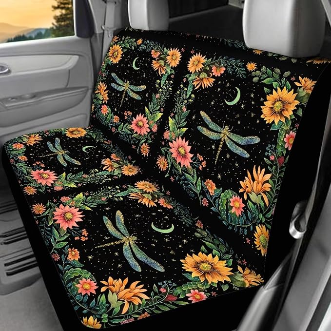 BIGCARJOB Flower Dragonfly Car Seat Cover Full Set of 12 Pcs Car Interior Accessories Set,Moon Dragonfly Steering Wheel Covers,Universal Seat Belt Pads,Armrest Cover,Cup Holder